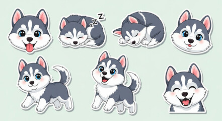 Cute Husky Puppies Various Poses and Expressions Sticker Pack. © Bbap