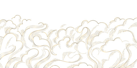 Fototapeta premium Elegant gold wave line pattern, white background, abstract Japanese curves and flowing shapes. Luxury vector design fluid lines, geometric deco elements, fancy ocean graphic.