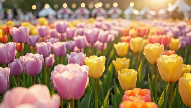 A vibrant field of colorful tulips swaying gently in the breeze under the warm glow of the sun, creating a beautiful spring scene.