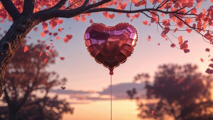 Floating foil heart-shaped balloon drifting among branches with red leaves at dusk, with red petals