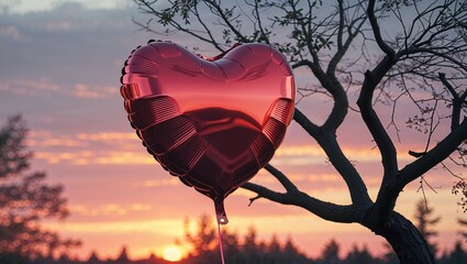 Floating metallic red heart-shaped balloon catching warm sunset hues in park, with gnarled branch