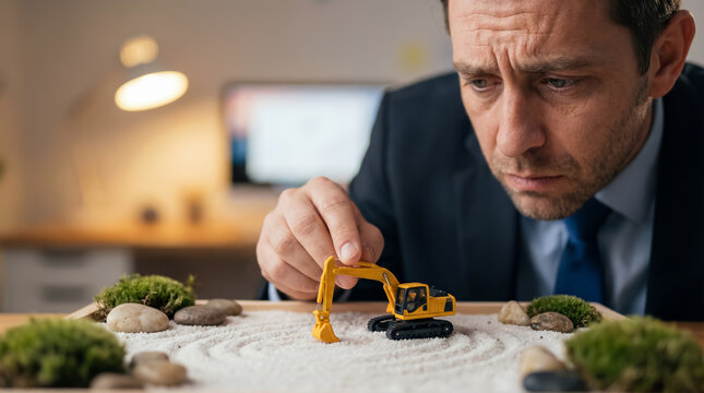 Close up of a sad man in a business suit moving a yellow toy excavator in a mini zen garden on his desk