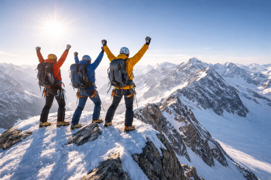 Climbers celebrating victory on snowy mountain peak at sunrise