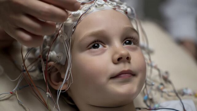 Child undergoes electroencephalography procedure to monitor brain activity in a clinical setting at a medical facility