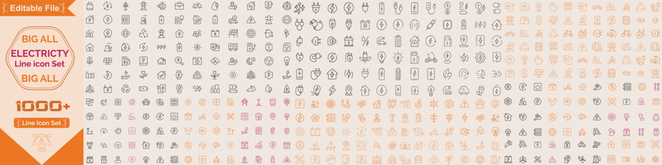 Electricity Big line icons related to energy, electrical energy, electricity. Outline icon collection. Vector illustration. Editable stroke © SkAshik