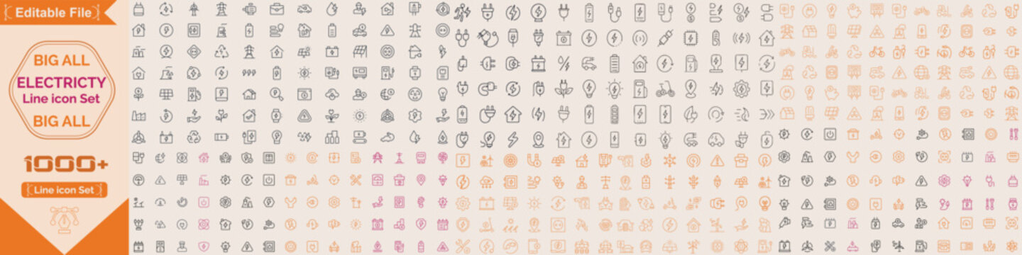 Electricity Big line icons related to energy, electrical energy, electricity. Outline icon collection. Vector illustration. Editable stroke