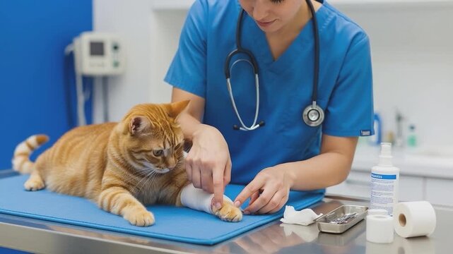 Vet Attending to a Cat: A compassionate veterinarian expertly tends to an injured cat in a sterile clinical environment, highlighting care and medical attention.