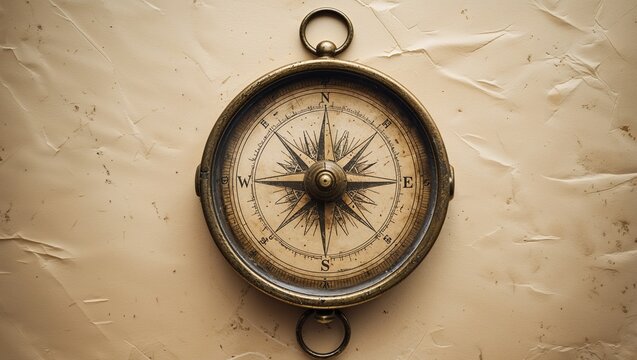 Resting round brass compass showing cardinal points on aged parchment, with ornate compass rose