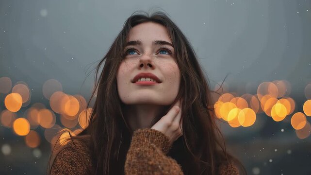 Curious happy romantic woman standing against a backdrop of warm lights during a gentle snowfall in an urban setting at twilight, embracing the beauty of a chilly evening