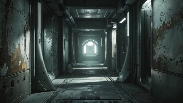 Showing corridor inside ship, featuring LED light strips, grated panels and hexagonal bulkhead door
