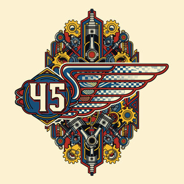 Vintage Motorcycle Emblem with Wings and Gears.