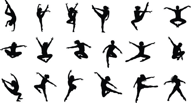 Silhouettes of dancers in dynamic poses, expressive movements, jumps, stances, choreography, body language, vector illustration for artistic and design themes