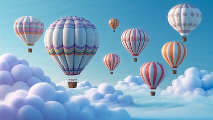 Obraz premium Floating large pastel-striped hot air balloon above clouds, showing baskets and colorful balloons