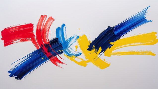 Displaying abstract paint strokes sweeping across canvas, with red cobalt blue navy blue and yellow