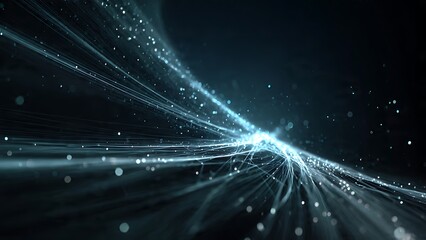 Glowing digital particles travel through space, creating a vibrant beam of light.