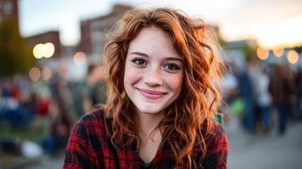 Obraz premium A joyful portrait of a young woman with red curly hair, smiling warmly against an outdoor backdrop, exuding happiness and a carefree spirit.