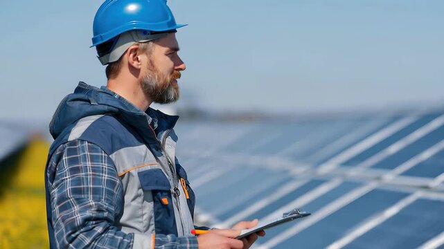 Engineer inspecting solar panels while taking notes in a sunny outdoor location with clear skies and a field of flowers nearby