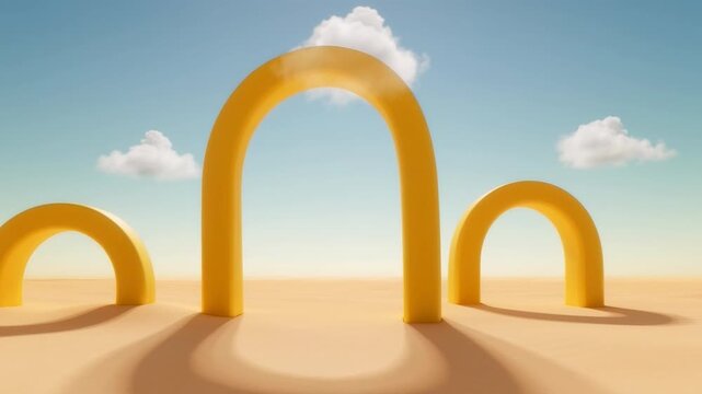 Three yellow arches standing in a desert landscape with clouds