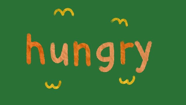 Hand-Drawn Paper Texture "Hungry" Text Expression on Green Screen | Colorful Scribble Dialogue 2d animation | Playful Doodle Word Sticker animated asset