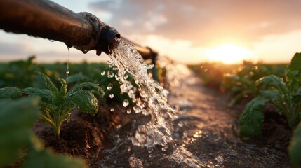 Obraz premium Water flows from an irrigation pipe onto a lush green crop field under a warm sunset, highlighting the essential role of water in agriculture and food production.