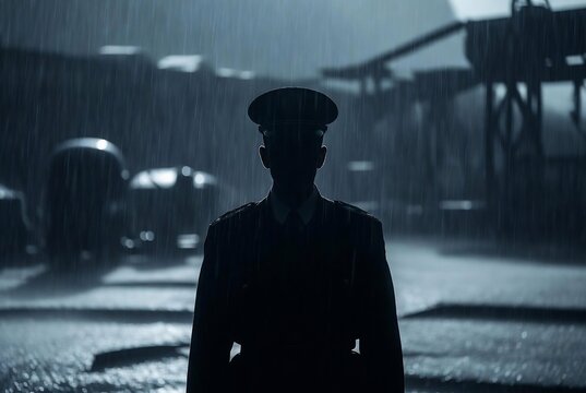 A lone soldier stands silhouetted in the rain, contemplating a bleak cityscape.