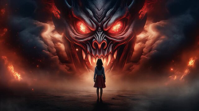 Cinematic woman facing a demonic entity with glowing red eyes in a dark, fiery landscape, slow motion, symbolizing fear and anxiety