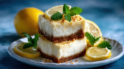 A tempting slice of lemon cheesecake garnished with fresh lemon slices and mint leaves, showcasing a delightful dessert perfect for sweet indulgence.