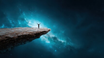 Fototapeta premium A breathtaking view of a lone figure atop a rocky cliff, set against a mesmerizing cosmic backdrop filled with vibrant stars and swirling galaxies, evoking wonder and introspection.