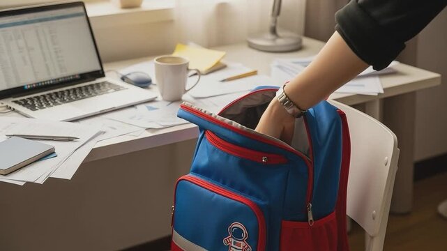 Unveiling Essentials: A person reaches into a vibrant backpack on a study desk, a workspace brimming with a laptop and papers, suggesting a workspace or a student's area.