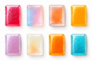 Eight colorful gemstones isolated, displaying vivid hues and smooth surfaces