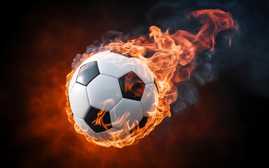 Naklejka premium A burning soccer ball surrounded by flames and smoke in motion.