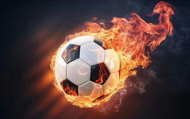 Naklejka premium A fiery soccer ball blazes with intense flames in a dark environment.