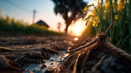 Fototapeta premium A captivating sunset scene with a focus on tied rope beside crops, symbolizing the connection between nature, agriculture, and the warmth of dusk.