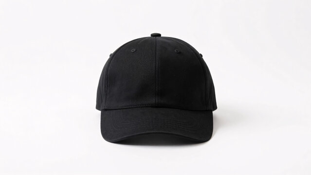 A classic, blank black baseball cap with a structured six-panel design and a curved brim is positioned facing forward on a clean white background, offering an ideal template for headwear branding and 