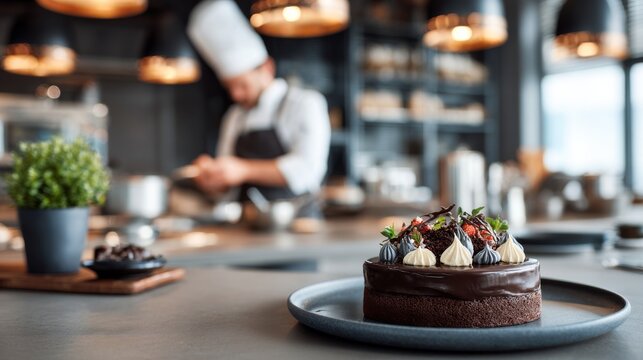 cake on the table in the foreground and the pastry chef makes a cake in modern kitchen