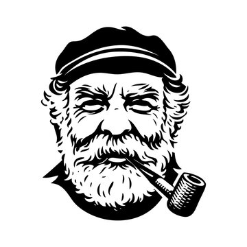 Hombre maduro con gorra de capit&aacute;n. Dibujo de viejo marinero con barba larga fumando en pipa