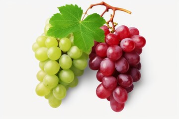 Naklejka premium Fresh red and green grape bunches with a leaf on a white background