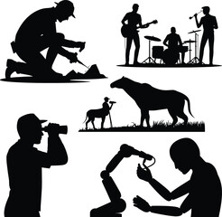 Collection of professional silhouettes including farmer musician photographer wildlife observer robotic engineer and animals representing different occupations technology creativity  © Mahadi's World
