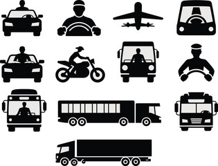 Collection of transport and driver silhouettes including car driver motorcycle rider bus truck pilot and airplane representing transportation travel logistics and delivery isolated © Mahadi's World
