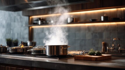 steaming pot in modern kitchen in restaurant