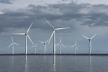 Wind turbines on a body of water under a cloudy sky.