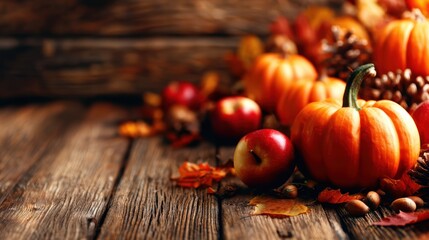 Naklejka premium A beautiful arrangement of bright orange pumpkins and red apples surrounded by colorful autumn leaves and pinecones on a rustic wooden table, celebrating fall's bounty.