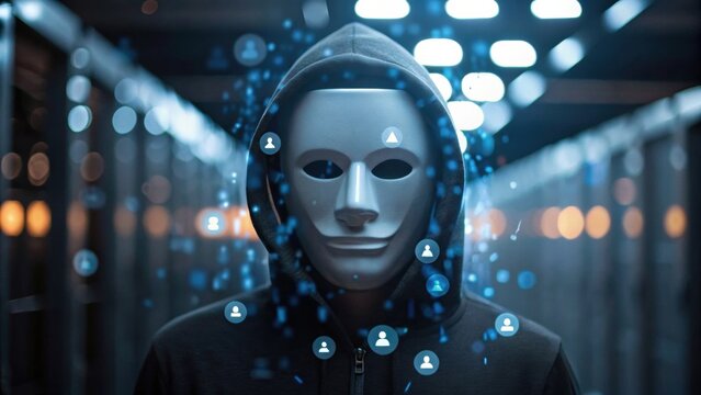 A mysterious figure in a hoodie wearing a white mask with digital user icons floating around, representing cyber anonymity or hacking.