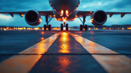 Low angle close-up of runway tarmac markings and glowing taxiway edge light, airplane in background piloted by female captain during evening airport operations