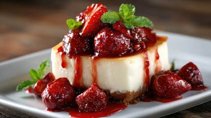 A visually appealing cheesecake garnished with fresh strawberries and drizzled with a luscious sauce, perfect for dessert lovers seeking indulgence and flavor.