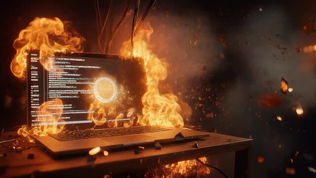 Dramatic laptop explosion with code on screen, intense flames engulfing device, cinematic slow motion, symbolizing cyber attack or system failure