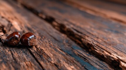Two shiny chestnuts rest on a rough wooden surface, emphasizing organic beauty and autumn themes that connect nature with earthy textures and colors.