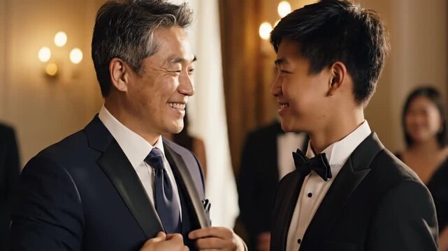 Dad Straightens His Dress Attire Carefully. Father Meticulously Adjusts His Suit For Perfect Appearance. Dad Carefully Arranges His Tuxedo To Ensure Polished And Sophisticated Look