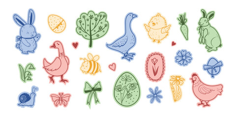 A set of hand-drawn spring and Easter flirty stickers. Vector fashion illustration in pastel colors. © Alyona 