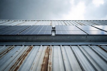 Solar panels on a building roof, generating electricity under cloudy skies.
